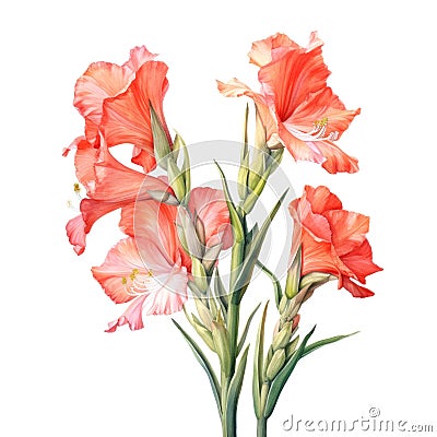 watercolor gladiolus flowers illustration on a white background. Cartoon Illustration