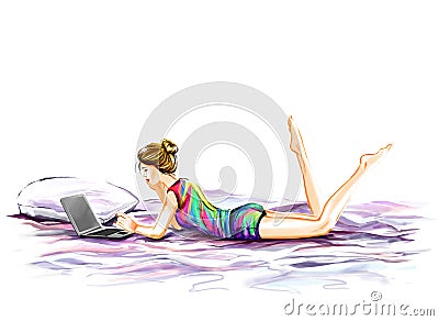 Watercolor glamour Girl in the bed with computer laptop Stock Photo