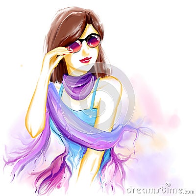 Watercolor glamour woman with glasses Stock Photo