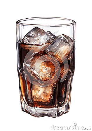 Watercolor glass of cola with ice. Cartoon Illustration