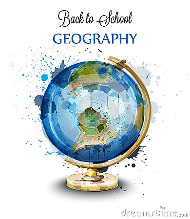 Watercolor globe isolated on white Vector. Geography card Vector Illustration