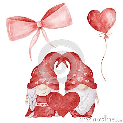 Watercolor gnome couple, balloon and ribbon illustration. Valentine hand painted clipart set. Cartoon Illustration