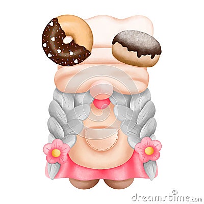 Watercolor gnome with donut. Watercolor cute gnome girl with chocolate donuts illustration isolated on white background. Cartoon Illustration