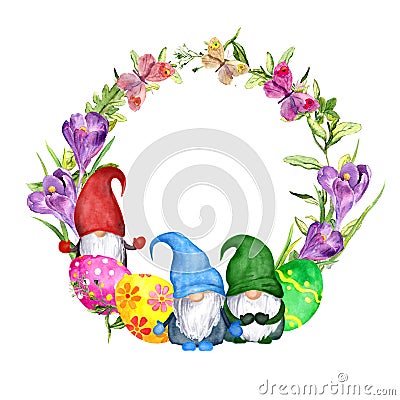 Watercolor gnomes family in Easter wreath with decorated eggs in grass, crocus flowers, spring butterflies. Floral round Stock Photo