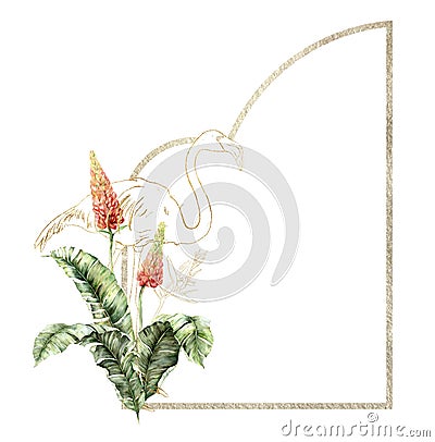 Watercolor gold border with linear flamingo, lupine and banana branch. Hand painted tropical bird, flowers and palm Cartoon Illustration