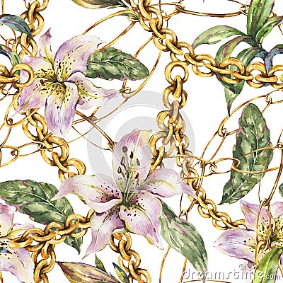 Watercolor gold chains and rings seamless pattern with white royal lilies, fashion vintage luxury elements Stock Photo