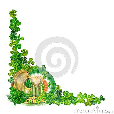 Watercolor gold coins and green trefoil and quatrefoil. Design of a bright illustration of jewelry for St. Patrick's Cartoon Illustration