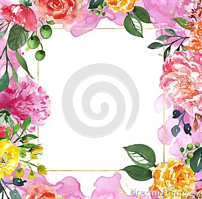 Watercolor gold floral frame template for wedding invitations, save the date cards, greetings. Pink and yellow peonies. Stock Photo