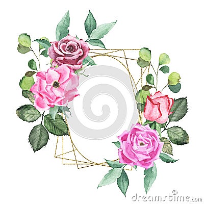 Watercolor gold geometrical round oval frame with pink maroon purple red roses Cartoon Illustration