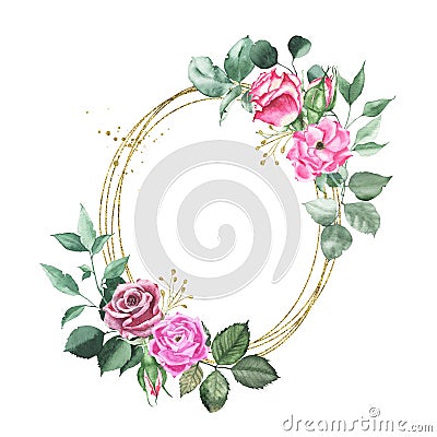 Watercolor gold geometrical round oval frame with pink maroon purple red roses Cartoon Illustration