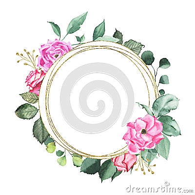 Watercolor gold geometrical round oval frame with pink purple red roses Cartoon Illustration