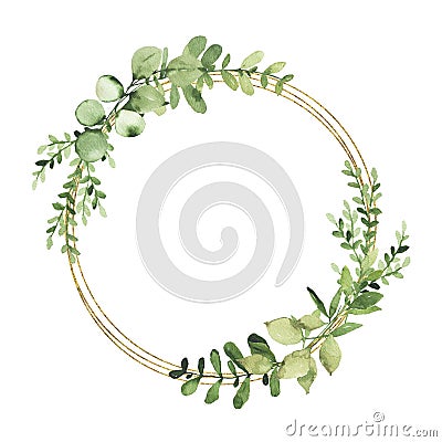 Watercolor gold geometrical wreath with greenery leaves branch twig plant herb flora isolated Cartoon Illustration