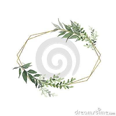 Watercolor gold geometrical wreath with greenery leaves branch twig plant herb flora isolated Cartoon Illustration