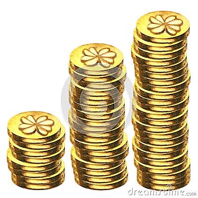 Watercolor gold magic coins with four leaf clover design with metallic glitter individually and in group in vintage Stock Photo