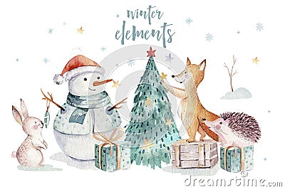 Watercolor gold Merry Christmas illustration with snowman, christmas tree , holiday cute animals fox, rabbit and Cartoon Illustration