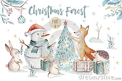 Watercolor gold Merry Christmas illustration with snowman, christmas tree , holiday cute animals fox, rabbit and Cartoon Illustration