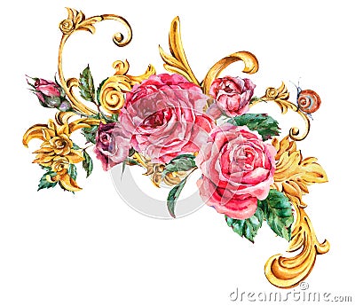 Watercolor golden baroque floral curl and red roses vignette, rococo ornament. Natural gold scroll, leaves Stock Photo