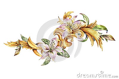 Watercolor golden baroque floral curl with royal lilies. Hand drawn gold scroll, leaves Stock Photo