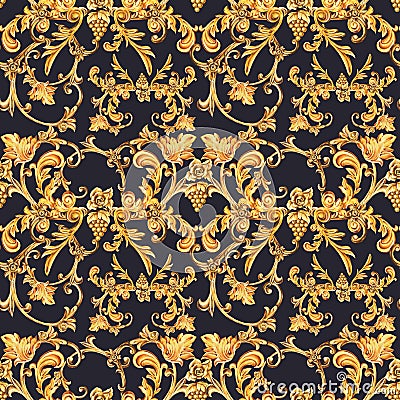 Watercolor golden baroque seamless pattern of floral curl and grape with roses, rococo ornament Stock Photo