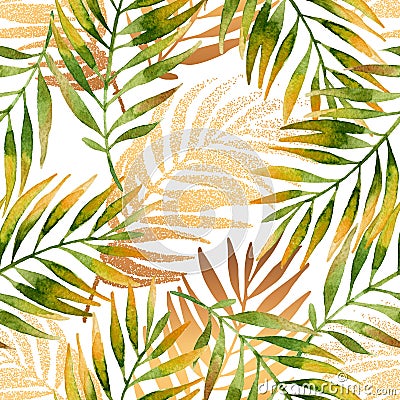Watercolor and golden graphic palm leaf seamless pattern. Cartoon Illustration