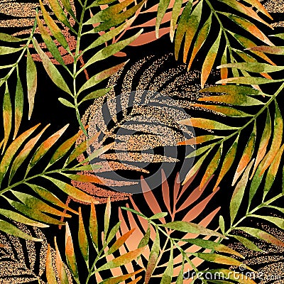 Watercolor and golden graphic palm leaf seamless pattern. Cartoon Illustration