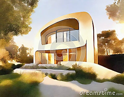 Watercolor of Golden hour architecture in an organic modern Stock Photo