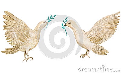 Watercolor golden pigeons. Aquarelle art. Vector Illustration