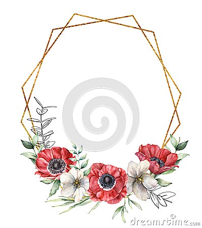 Watercolor golden polygonal frame with red and white anemones. Hand painted holiday flowers and leaves isolated on white Cartoon Illustration
