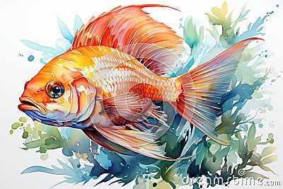 Watercolor goldfish with beautiful flowers for background Stock Photo
