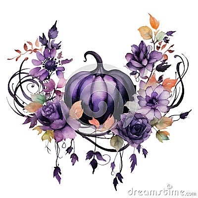 Watercolor Gothic Pumpkin Flowers Arrangement. Isolated Generative Dark Pumpkin for Fall Season Fantasy Clipart Stock Photo