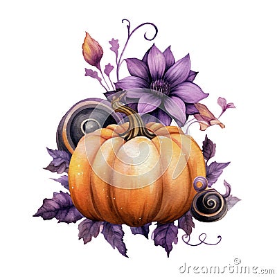 Watercolor Gothic Pumpkin Flowers Arrangement. Isolated Generative Dark Pumpkin for Fall Season Fantasy Clipart Stock Photo