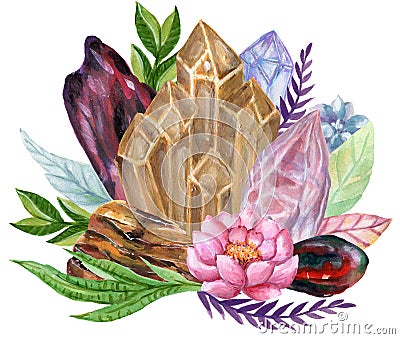 Watercolor gouache elegant vintage Crystal Stone and Gemstones with flower succulants and foliage leaf bouquet wreath hand painted Stock Photo