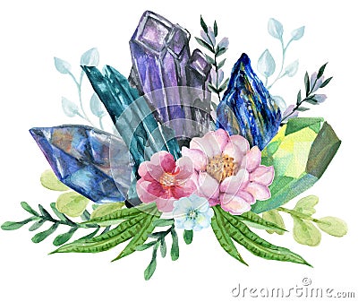 Watercolor gouache elegant vintage Crystal Stone and Gemstones with flower succulants and foliage leaf bouquet wreath hand painted Stock Photo