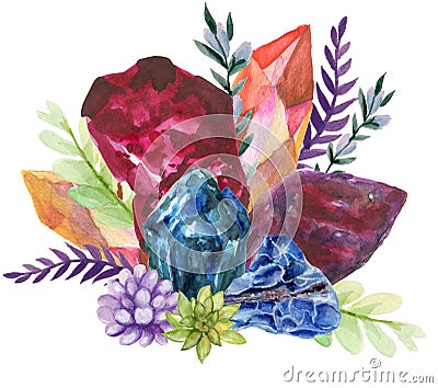 Watercolor gouache elegant vintage Crystal Stone and Gemstones with flower succulants and foliage leaf bouquet wreath hand painted Stock Photo