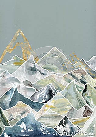 Watercolor and gouache minimalistic landscape of mountains and blue sky. Hand painted abstract and gold mountains Cartoon Illustration