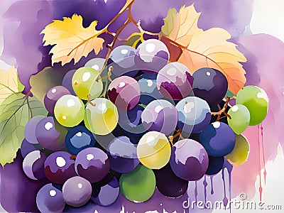 watercolor grapes and leaves. illustration Cartoon Illustration