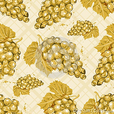 Watercolor grapes seamless pattern, White wine. Watercolor bunches of white grapes on an isolated checkered background Vector Illustration