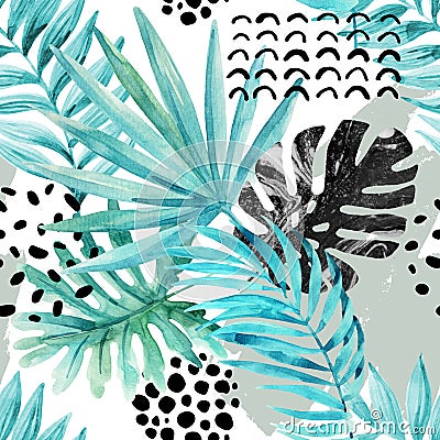 Watercolor graphical illustration: tropical leaves, doodle elements on grunge background. Cartoon Illustration