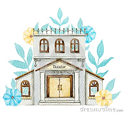 Watercolor gray cartoon theater building in flowers Cartoon Illustration