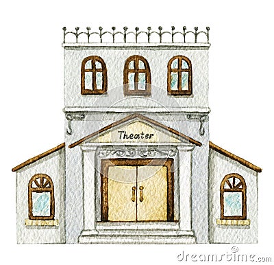 Watercolor gray cartoon theater building Cartoon Illustration