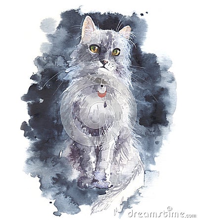 Watercolor gray cat. Cat sitting on a dark background Stock Photo