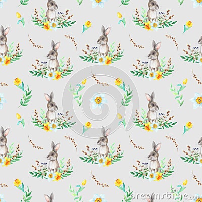 Watercolor gray Hare,flower, leaves,willow tree on grey background. Isolated of Easter Rabbit.Seamless pattern Stock Photo