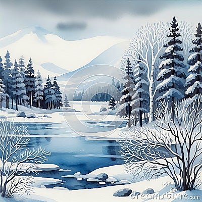 Watercolor great winter landscape illustration Cartoon Illustration