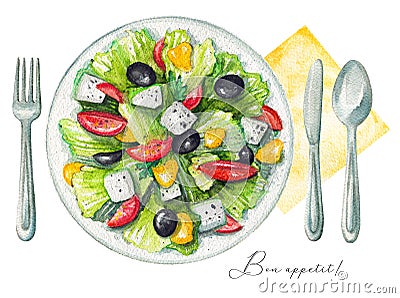 Watercolor greek salad on a plate, cutlery and napkin Cartoon Illustration