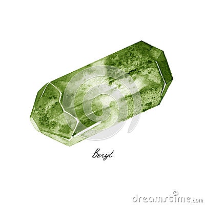 Watercolor Green Beryl rough gem tumblestones isolated on a white background Stock Photo