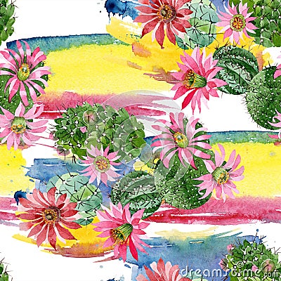 Watercolor green cactus with a pink flower. Floral botanical flower. Seamless background pattern. Stock Photo