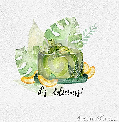 Watercolor green cake with exotic plants and fruits Stock Photo