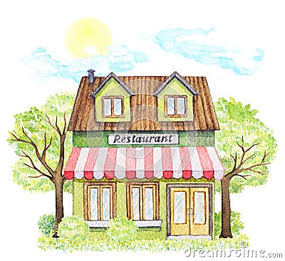 Watercolor green cartoon restaurant building surrounded landscape Cartoon Illustration