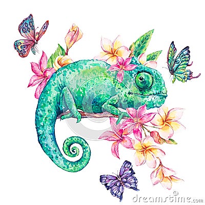 Watercolor green chameleon with butterflies, flowers Cartoon Illustration