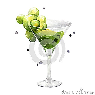 Watercolor green cocktail with a ghost in a martini glass. With bubbles. Halloween. Stock Photo